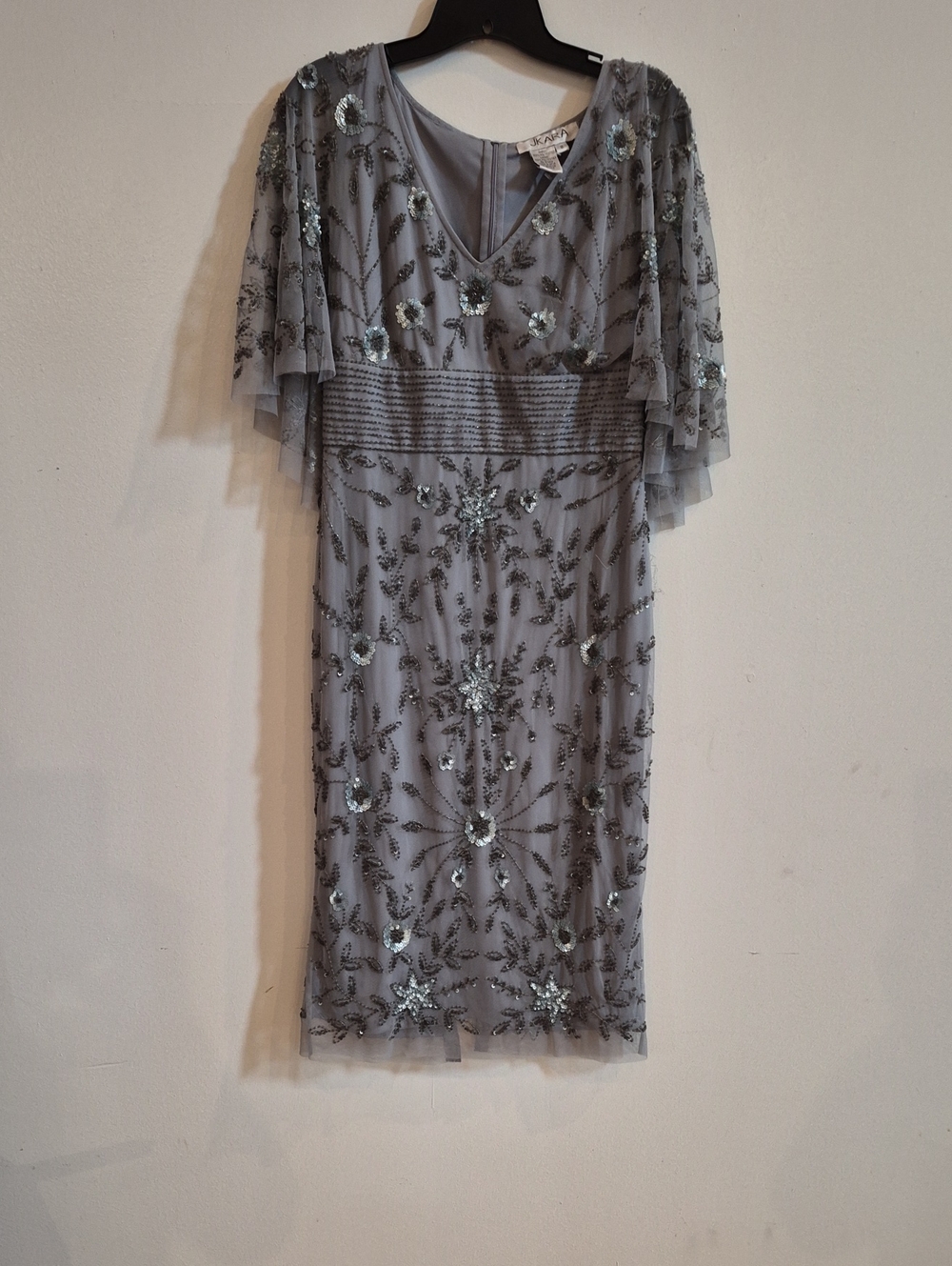 J Kara Gray Beaded Embroidered Midi Dress